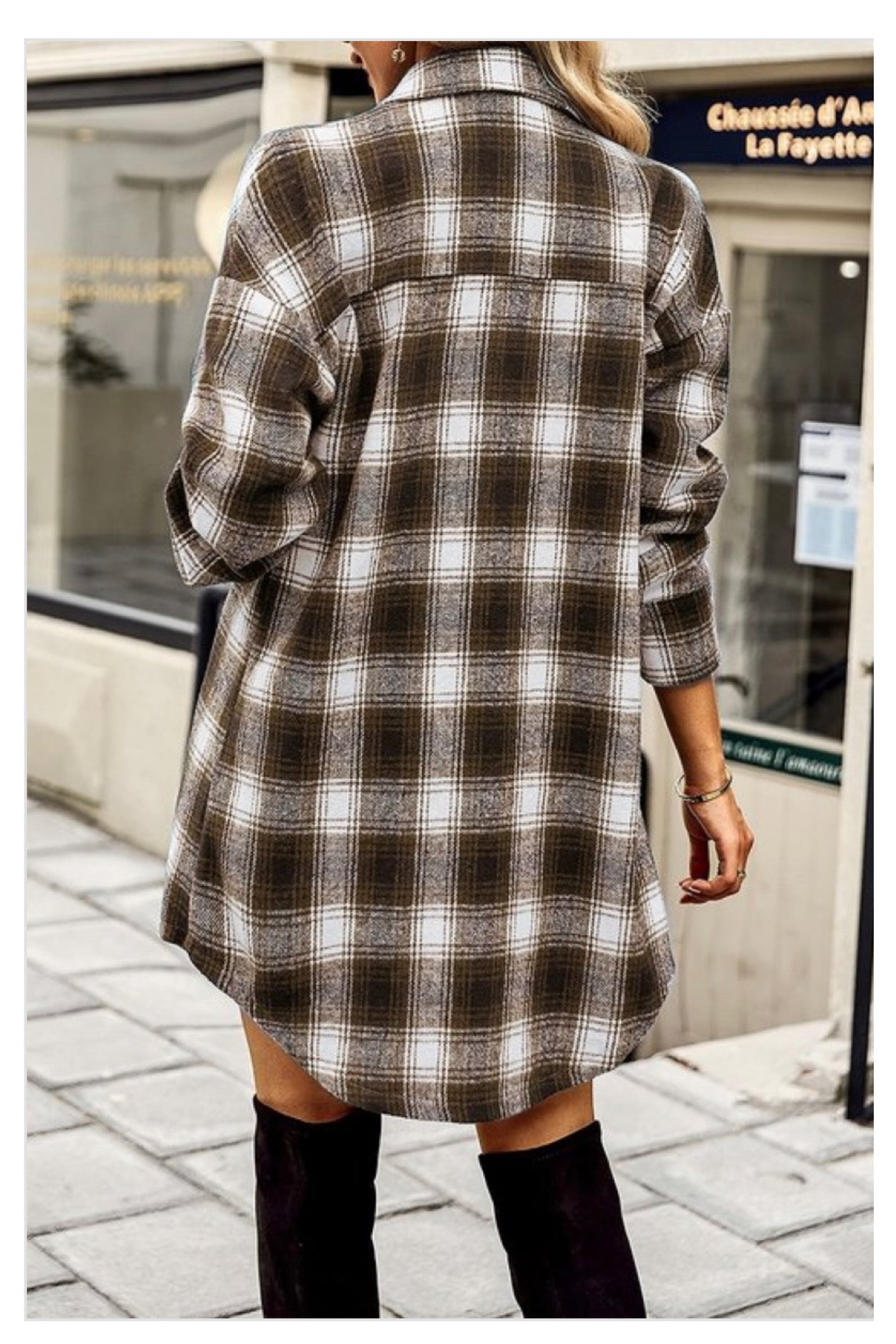 Plaid Front Open Button Blouse Pocket Coat