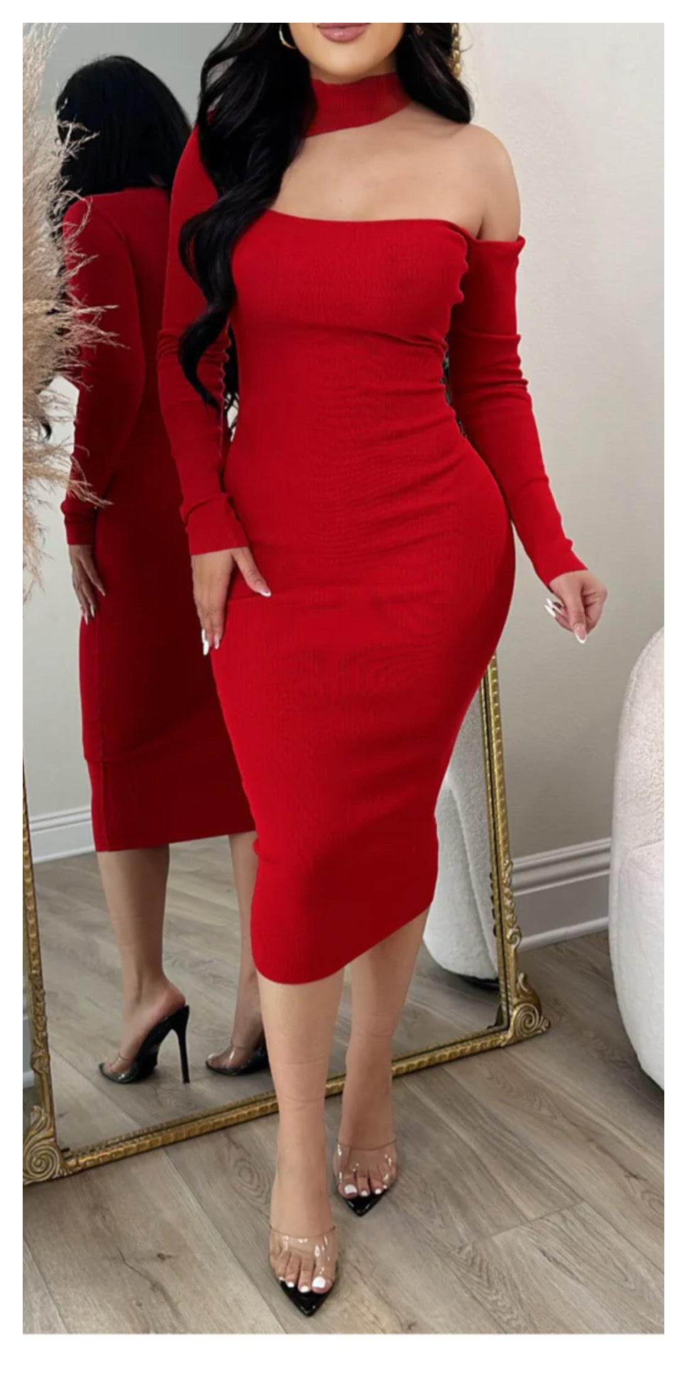 Turtle Neck One Shoulder Midi Dress