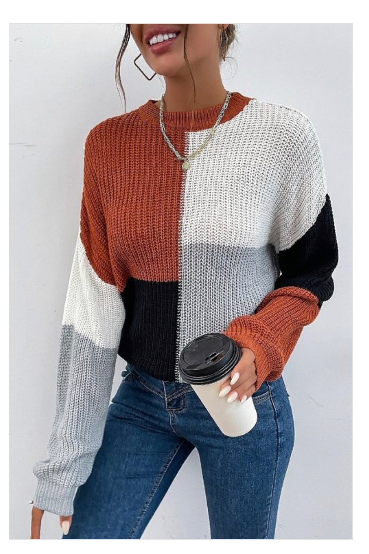 Plaid Color Block Knit Loose Sweater